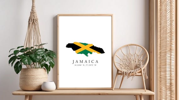 Jamaica Map Print Flag Latitude Longitude Coordinates Poster Wall Art Home Dcor
