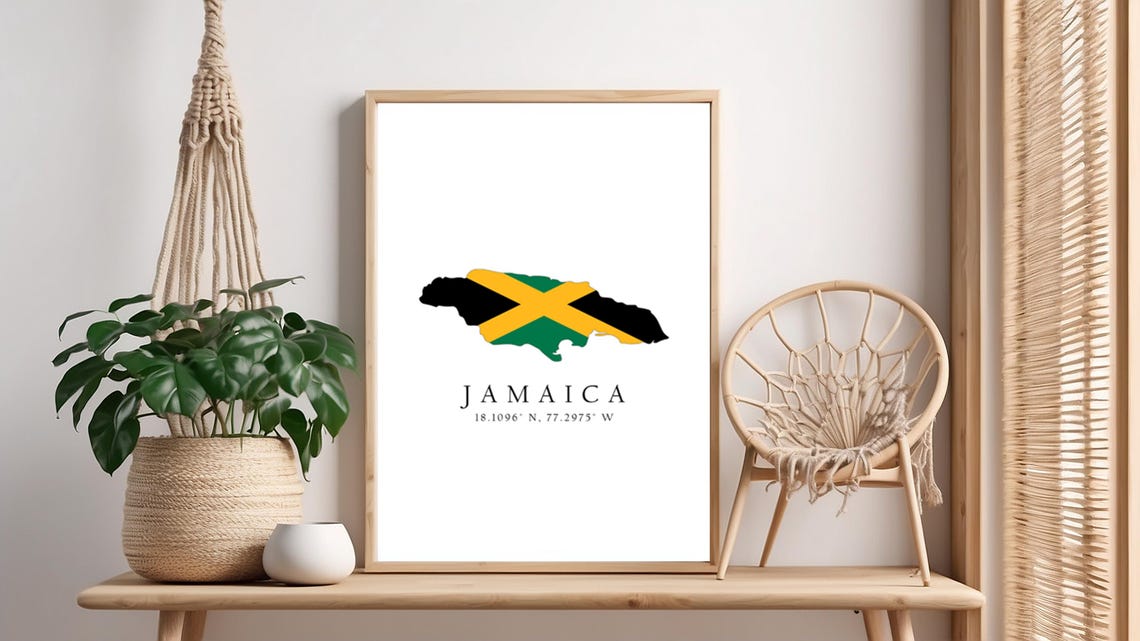 Jamaica National Flag Map Country Silhouette Coordinates Poster