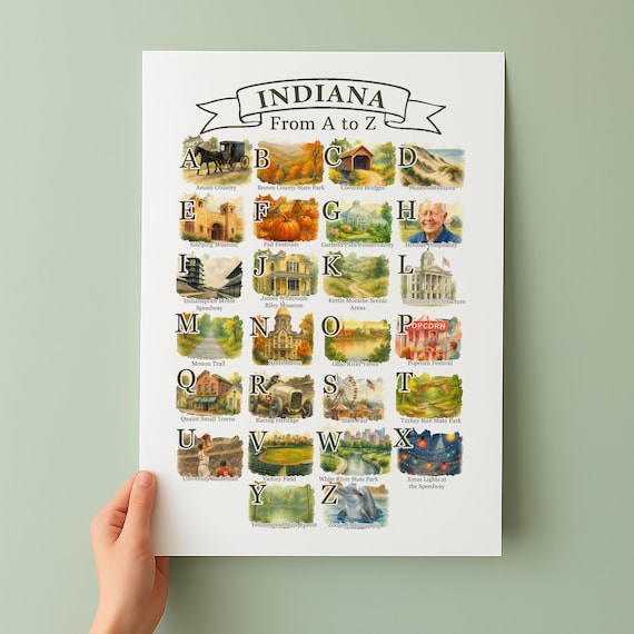 Indiana From A to Z State Symbols Alphabet Travel Art Poster