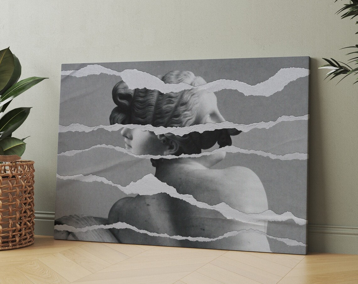 Greek Venus Statue Revealed Behind Torn Paper Strips Art Poster