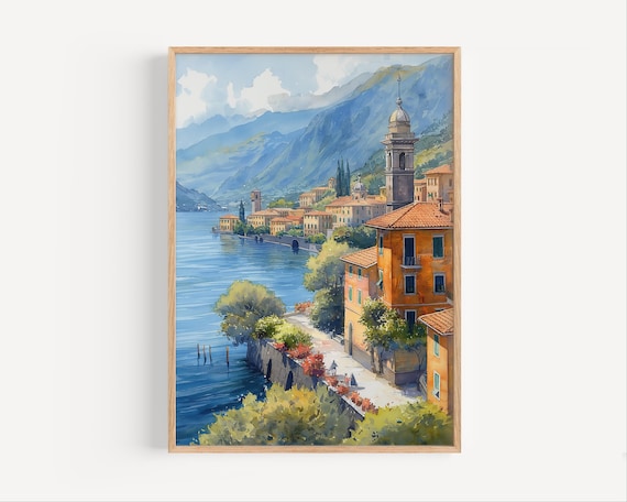 Lake Como Italy Watercolor Lakeside Village Bell Tower Art Poster
