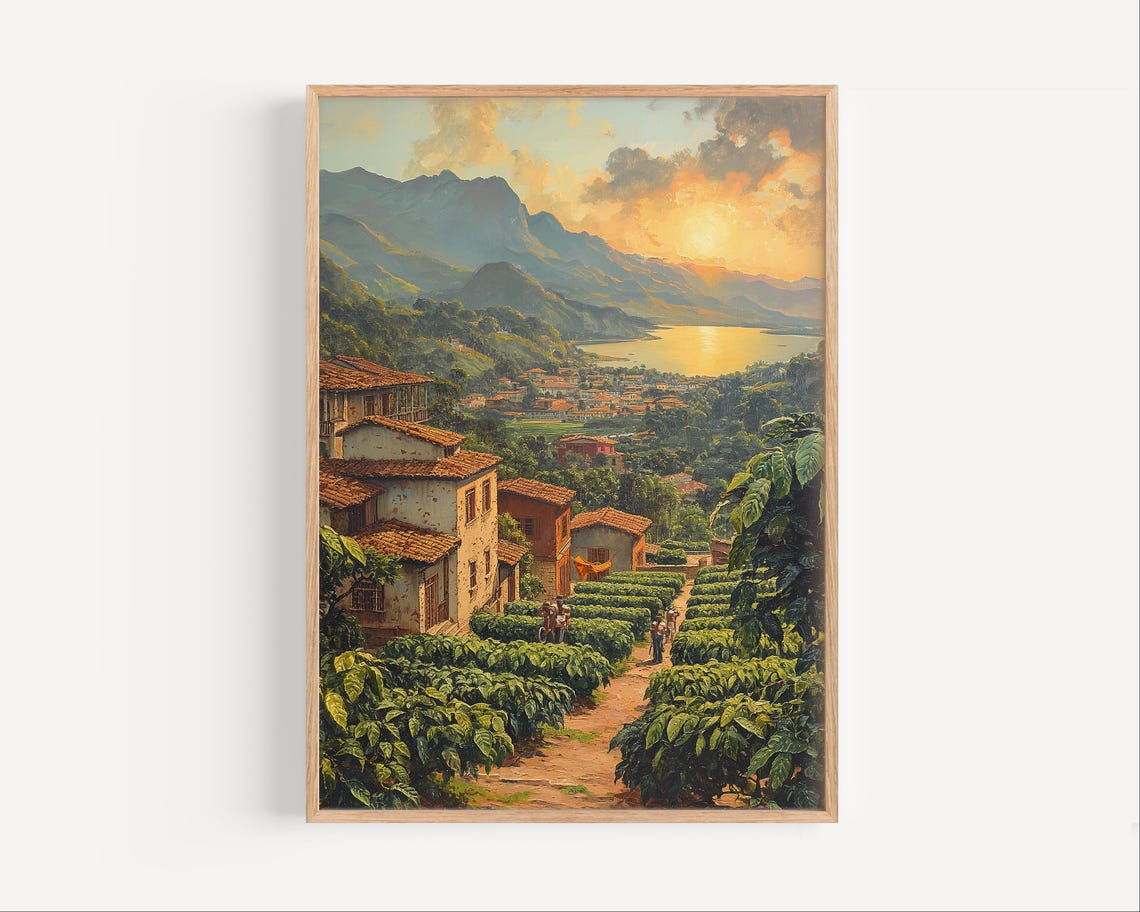 Coffee Plantation Village Sunset Mountain Lake Travel Poster