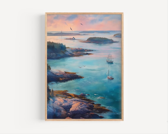 Casco Bay Maine Watercolor Travel Poster, Portland