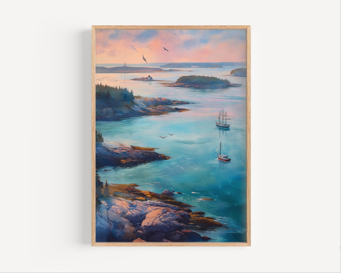 Casco Bay Maine Watercolor Travel Poster, Portland