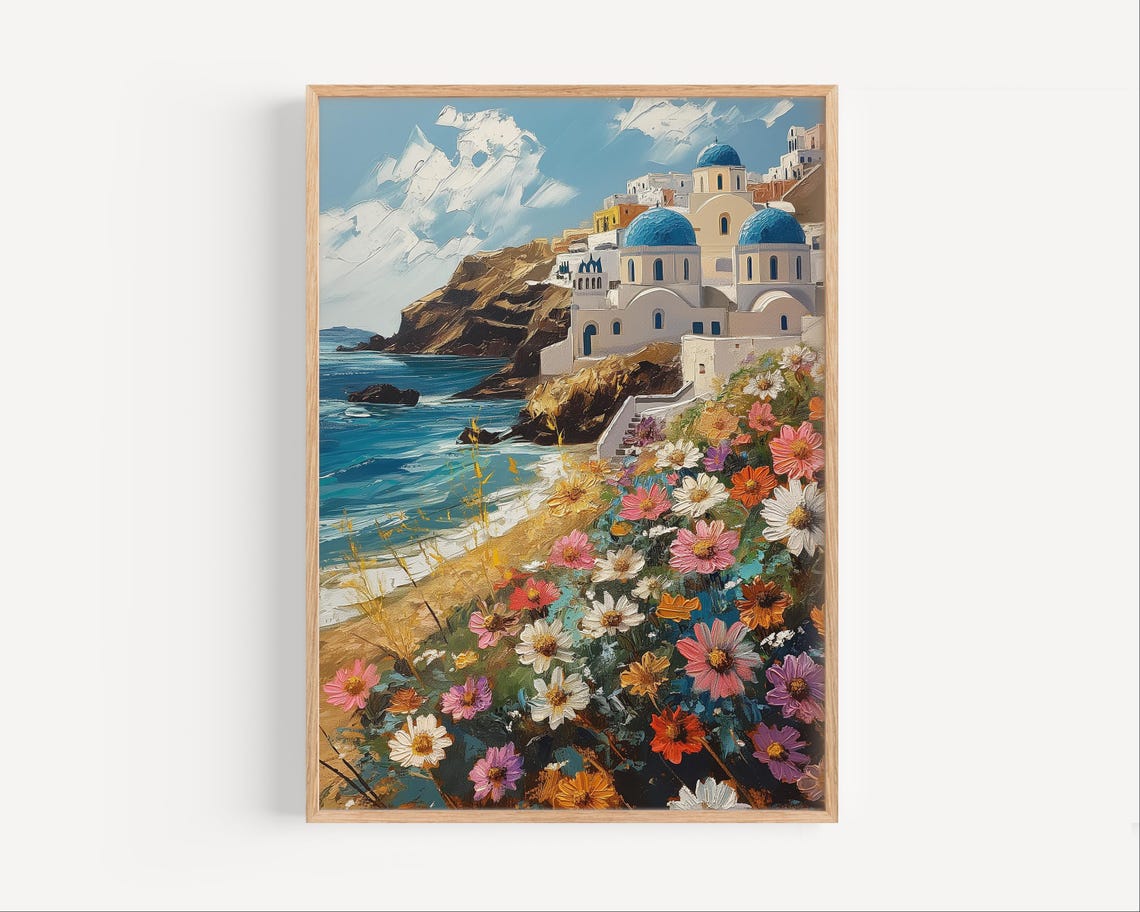 Breezy Santorini Wildflowers Blue Dome Churches Aegean Sea Poster