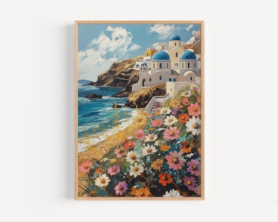 Breezy Santorini Wildflowers Blue Dome Churches Aegean Sea Poster