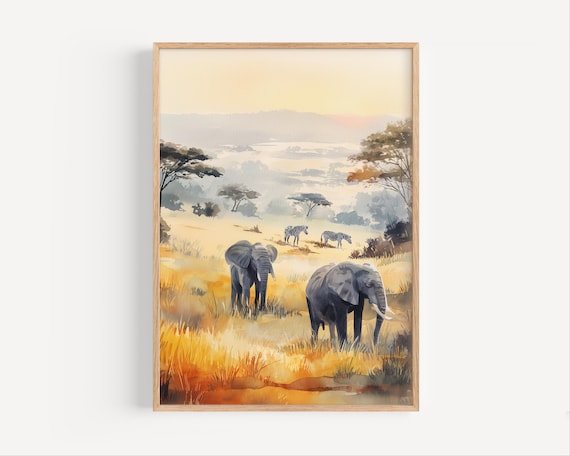 Kruger National Park Safari Watercolor Elephants and Zebras Poster