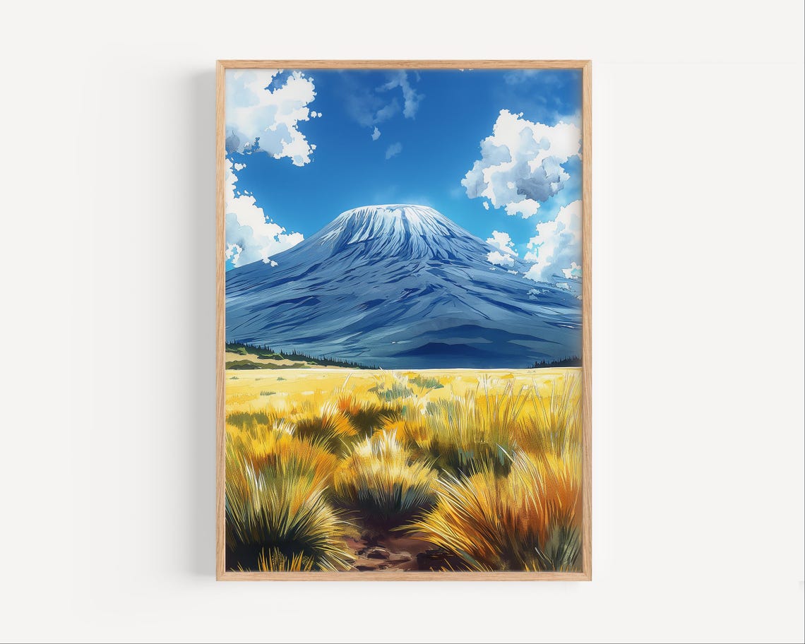 Mount Kilimanjaro Tanzania Watercolor Painting African Volcano Wall Art Poster Or Canvas Print Travel Gift Africa Natural Wonder