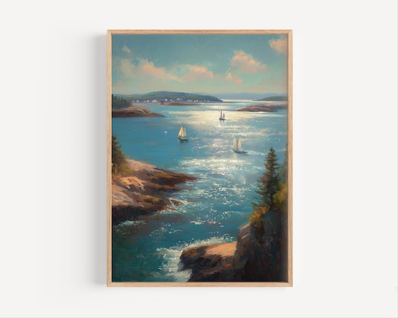 Coastal Bay with Sailboats Rocky Shore and Lighthouse Oil Painting Poster