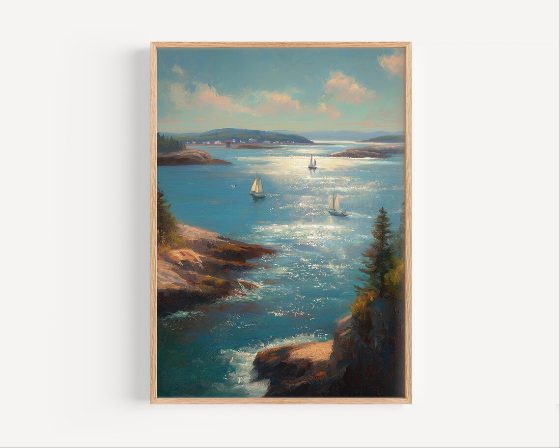 Coastal Bay with Sailboats Rocky Shore and Lighthouse Oil Painting Poster