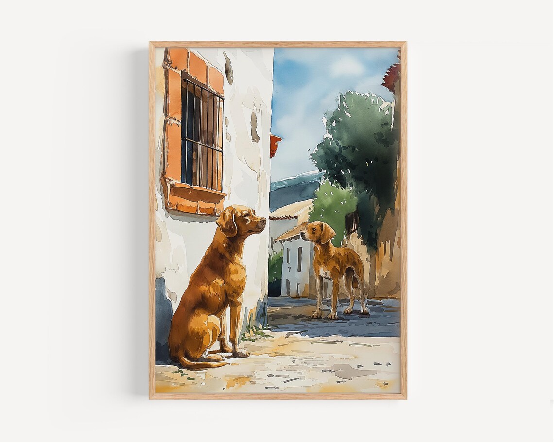 Two Dogs on Old Village Street Watercolor Painting Dog Poster