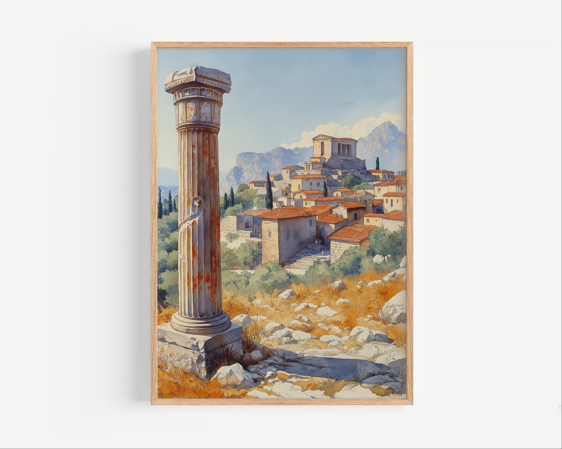 Ancient Greek Column Watercolor Ruins and Village Scene Poster