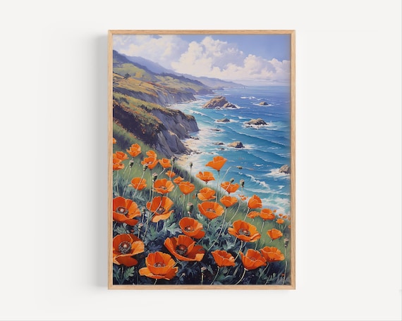 Orange California Poppies Big Sur Coast Cliff Wildflower Painting Poster