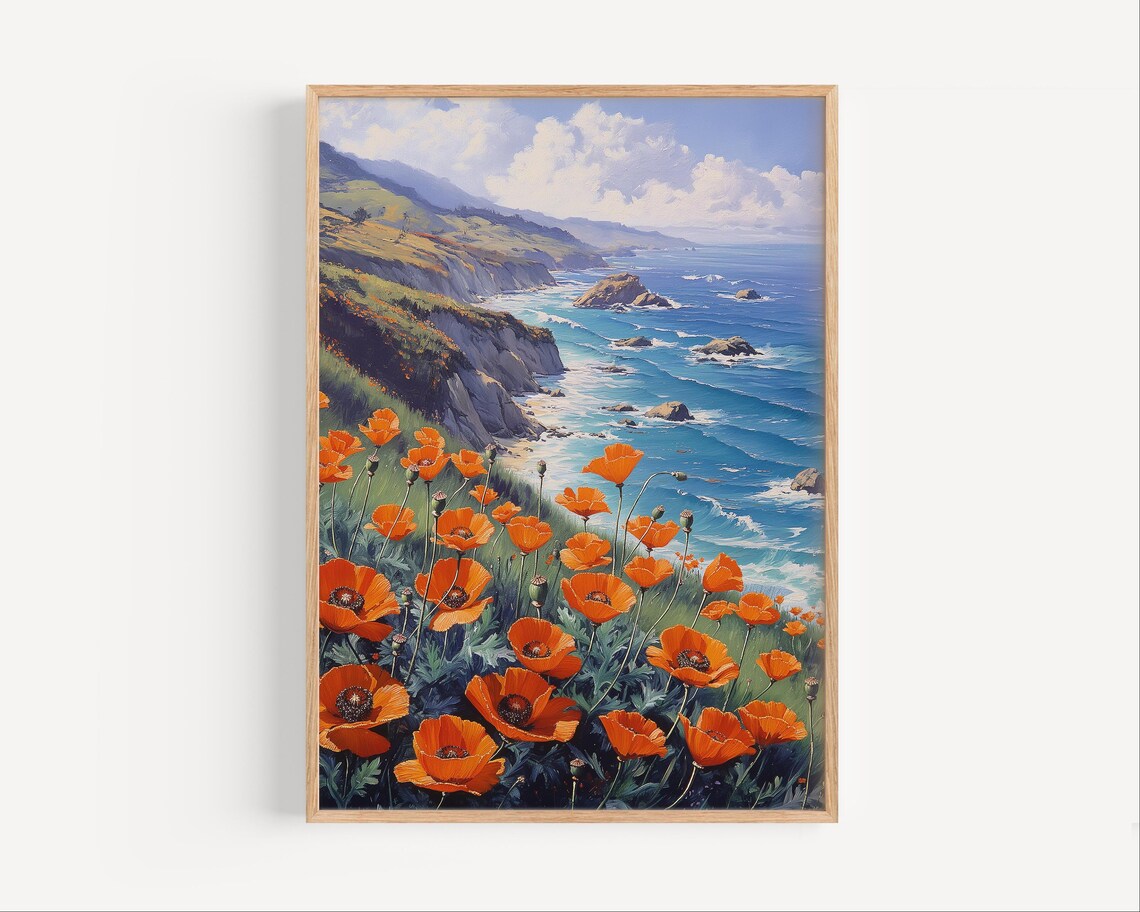 Orange California Poppies Big Sur Coast Cliff Wildflower Painting Poster