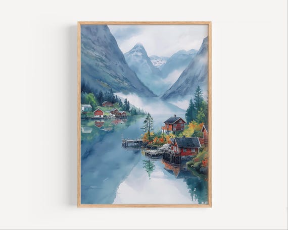 Norway Misty Fjord Watercolor Travel Poster