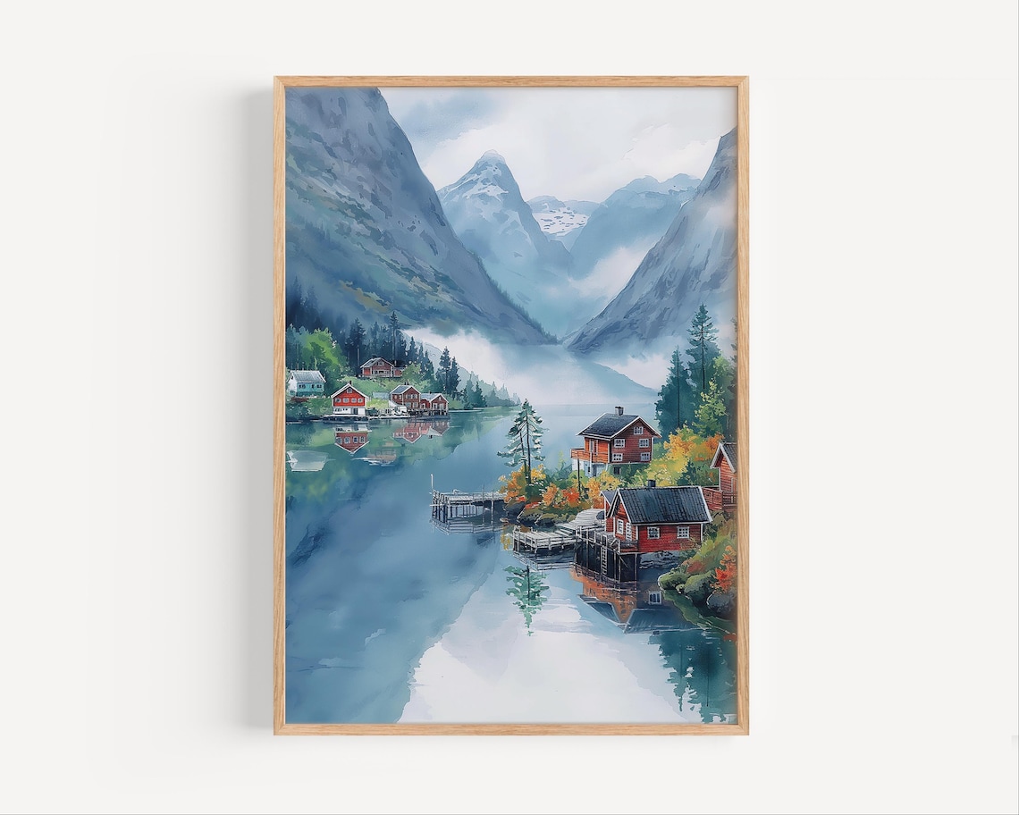 Norway Misty Fjord Watercolor Travel Poster