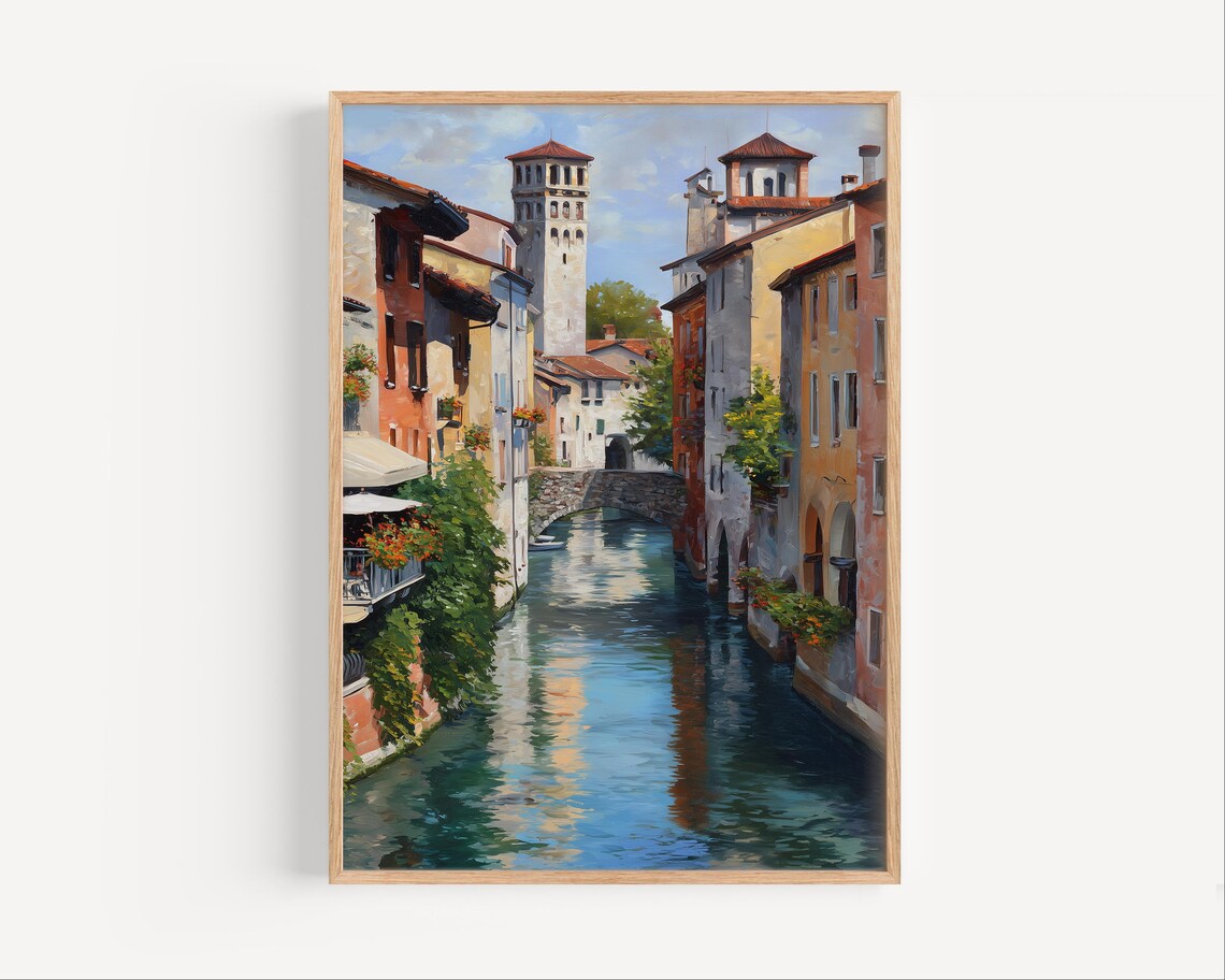 Treviso Italy Canal Colorful Houses Oil Painting Travel Poster