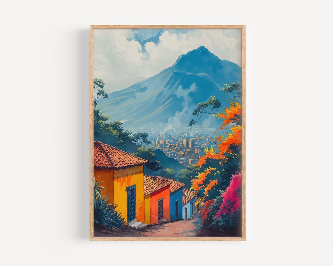 Guatemala City Watercolor Vibrant Street Volcano Mountain View Poster