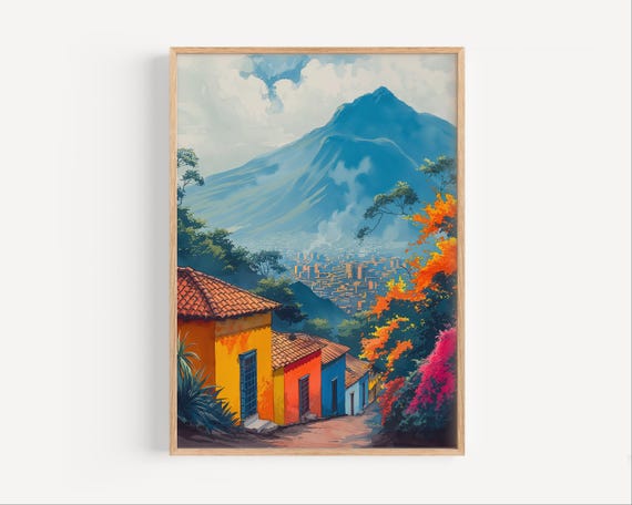 Guatemala City Watercolor Painting Central America Capital Retro Style Wall Art Poster Or Canvas Print Gift Jungle Mountains