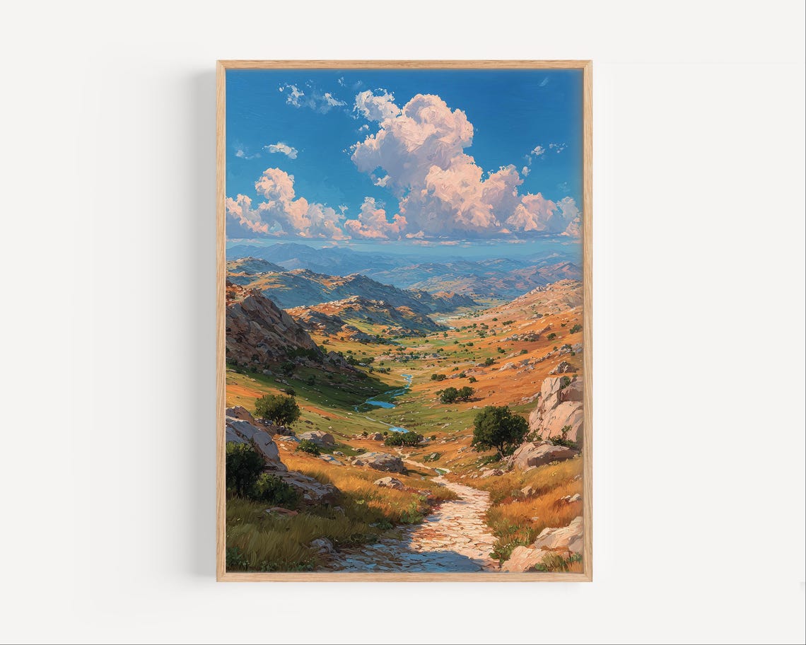 Golden Mountain Valley Trail With Distant Peaks Oil Painting Poster