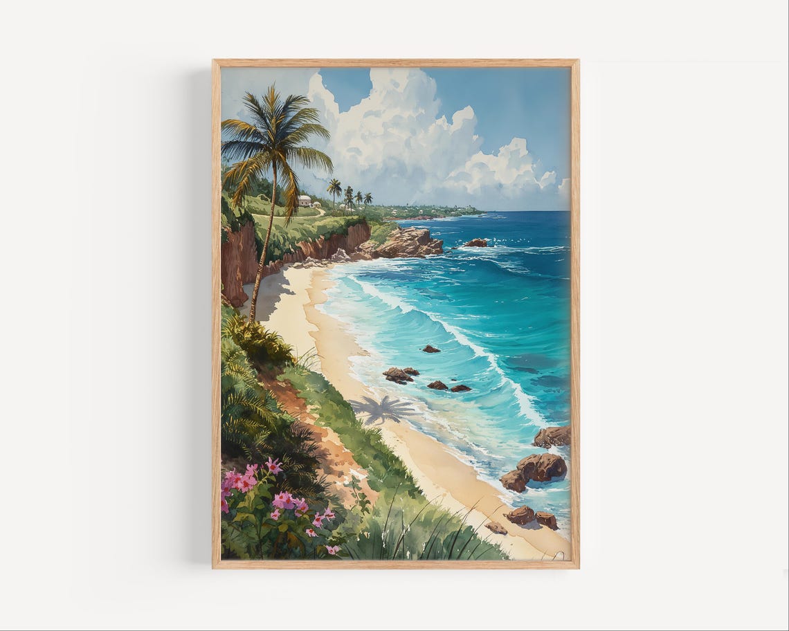 Barbados Beach Turquoise Sea Palm Cliffs Tropical Watercolor Poster