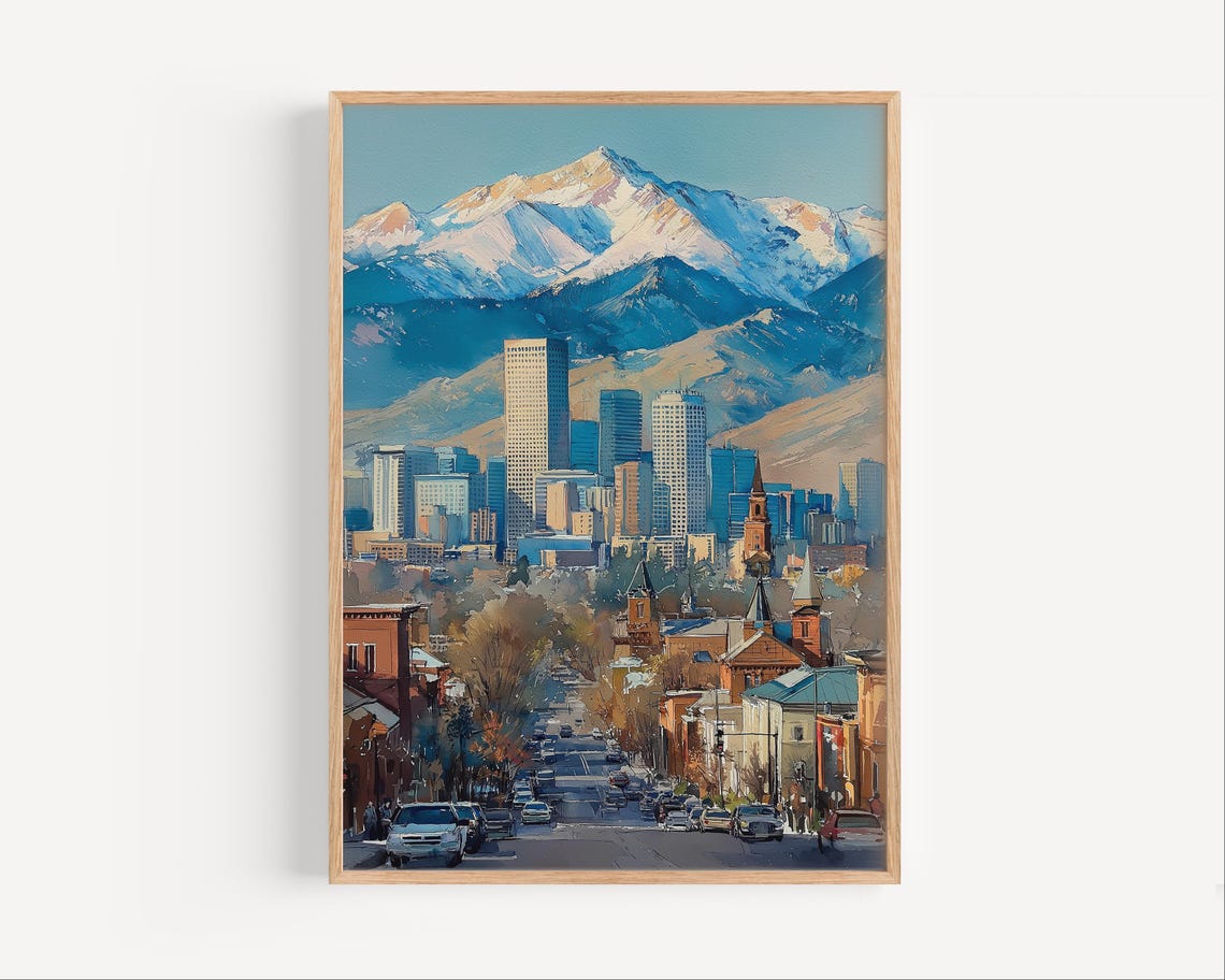 Downtown Denver Colorado Rocky Mountain Watercolor Cityscape Poster