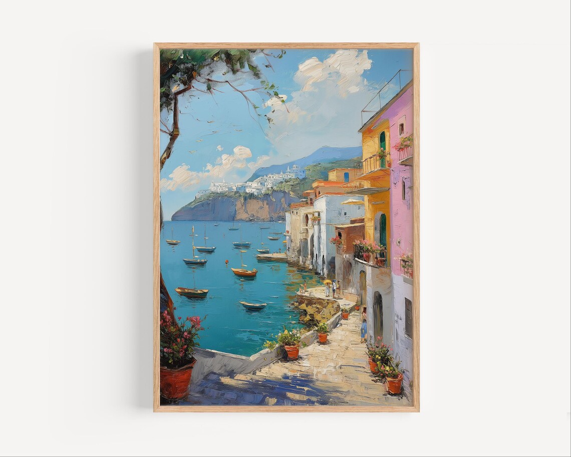 Ischia Italy Amalfi Coastal Street Bay Boats Travel Scenic Poster