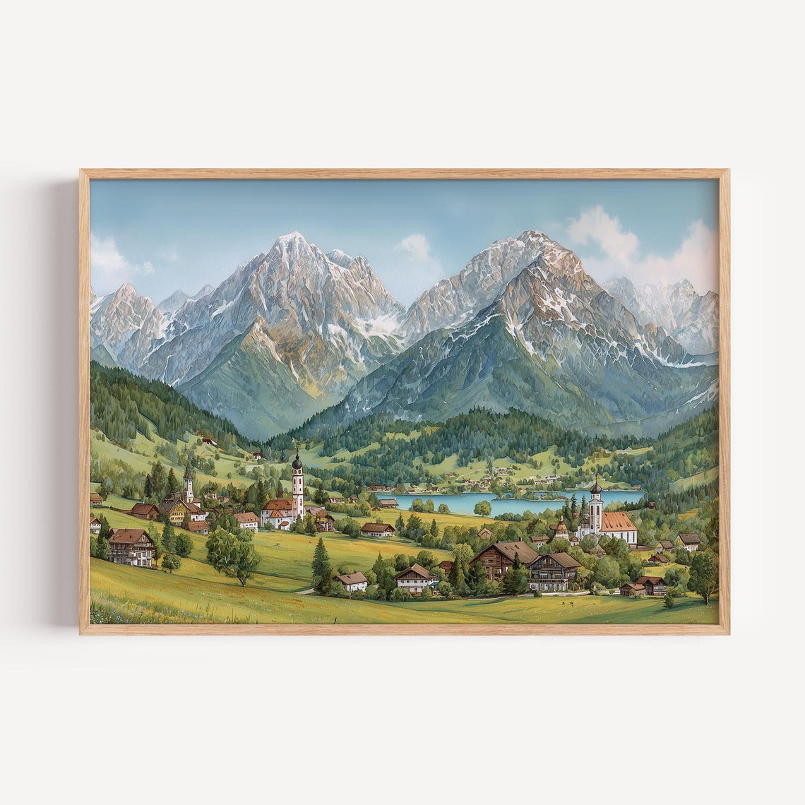 Alpine Valley Lake Village Churches Watercolor Landscape Print
