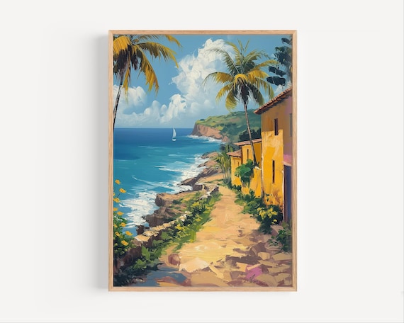 Barbados Coastal Path Palm Trees Turquoise Sea Oil Painting Poster