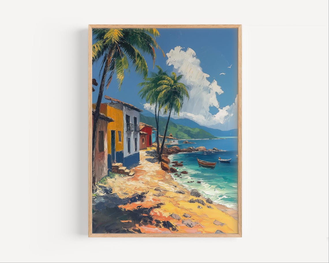 Tropical Coastal Village Oil Painting Style Framed Art Poster
