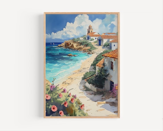 Mediterranean Coastal Village White Houses Turquoise Sea Poster