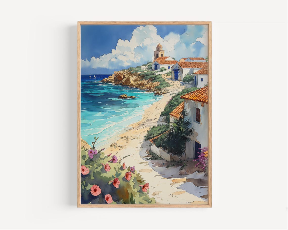 Mediterranean Coastal Village White Houses Turquoise Sea Poster
