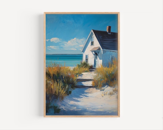 Maine Seaside White Cottage Beach Grass Ocean Painting Poster
