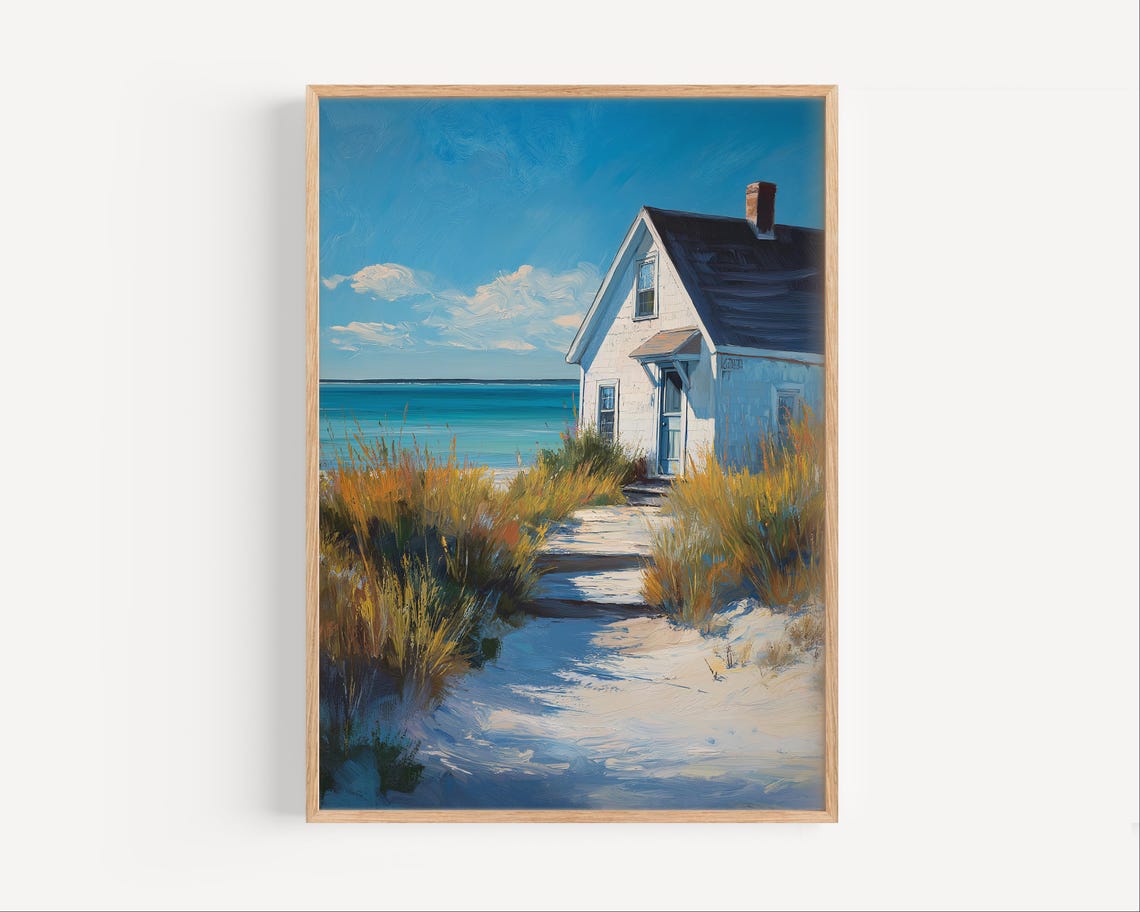 Maine Seaside White Cottage Beach Grass Ocean Painting Poster