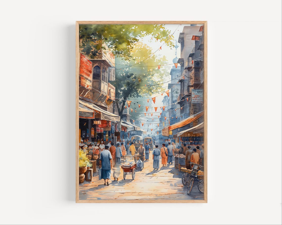 Karachi Pakistan Watercolor Painting Bustling Busy City Street Vendors Shops Poster Print Or Canvas Travel Wall Art Gift South Asia