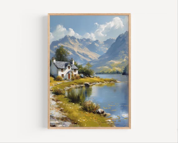 Lake District National Park Buttermere Oil Painting Cumbria Cottage United Kingdoms Poster Print Or Canvas England Sheep Wall Art Gift
