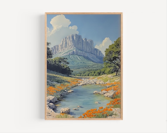 Guadalupe Mountains Cliff River Wildflowers Watercolor Poster