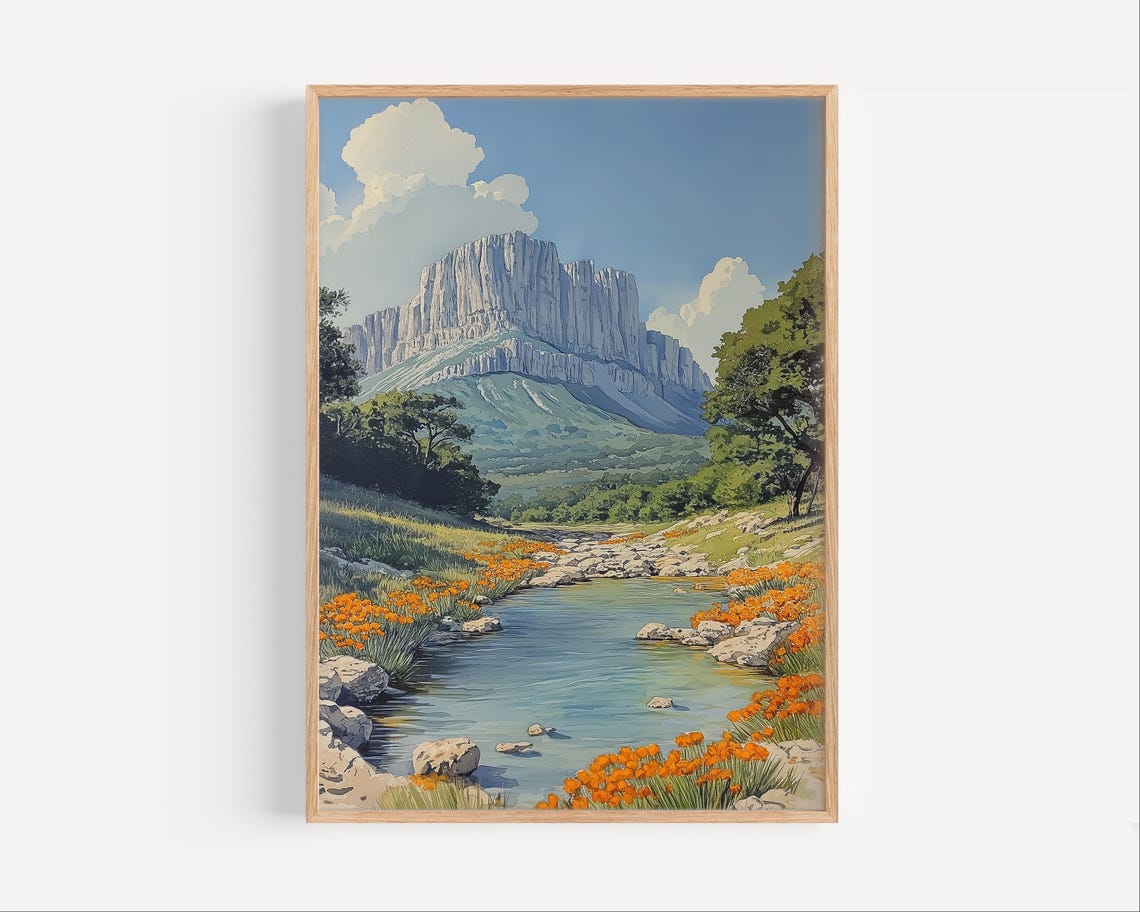 Guadalupe Mountains Cliff River Wildflowers Watercolor Poster