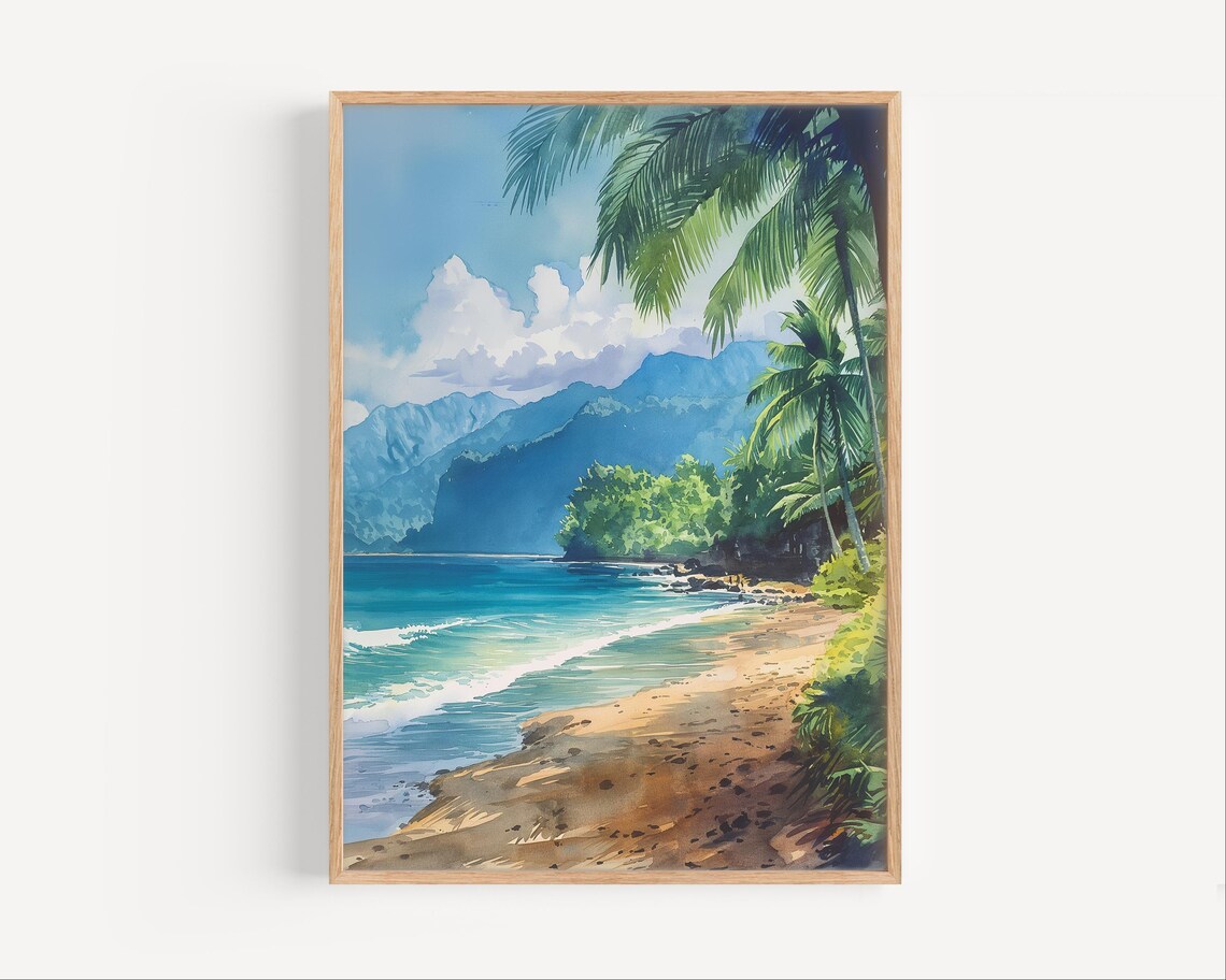 Tropical Palm Beach Watercolor Painting Bali Island Travel Art Poster