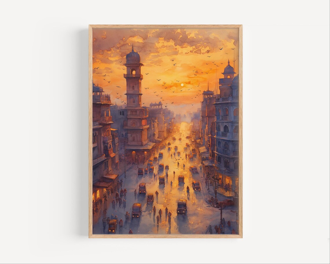 Karachi Pakistan Watercolor Sunset Travel Poster