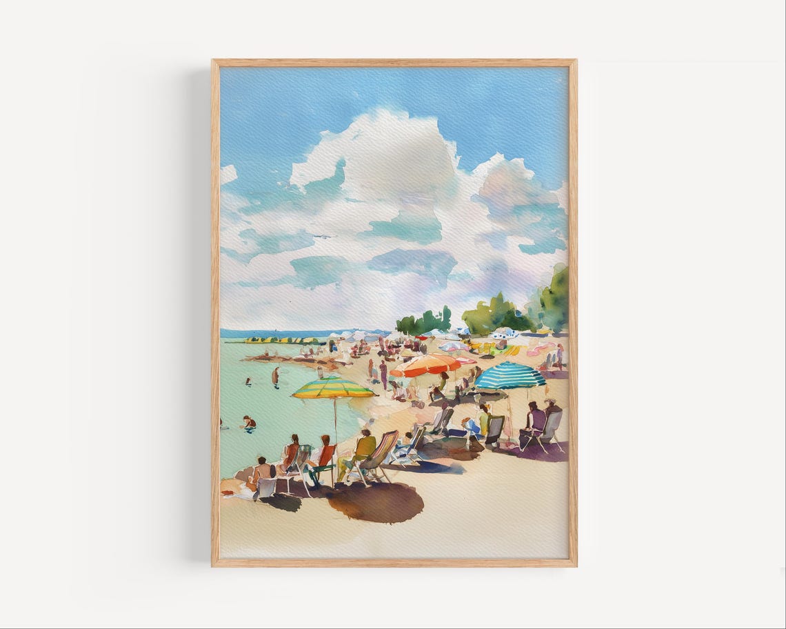 Sunny Summer Beach Umbrellas Watercolor Crowded Seaside Wall Art