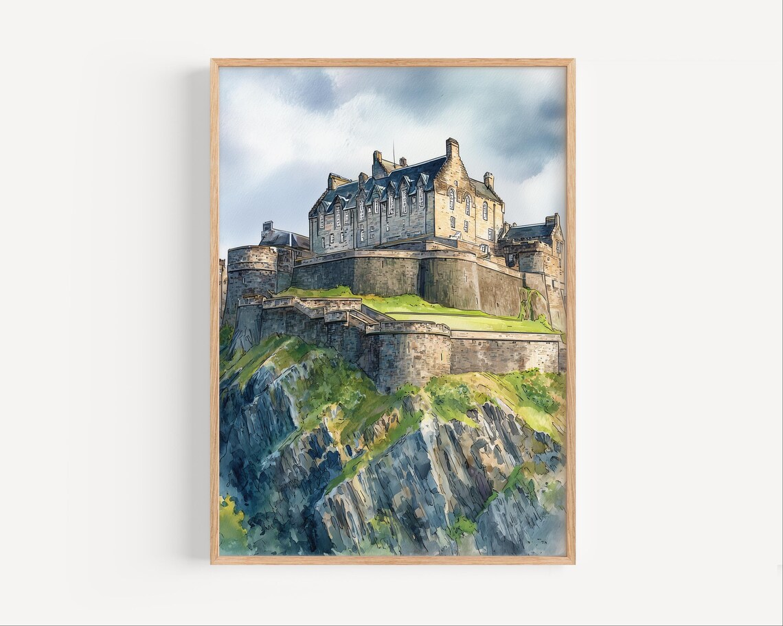 Edinburgh Castle Scotland Watercolor Painting Historic Rock Fortress Poster