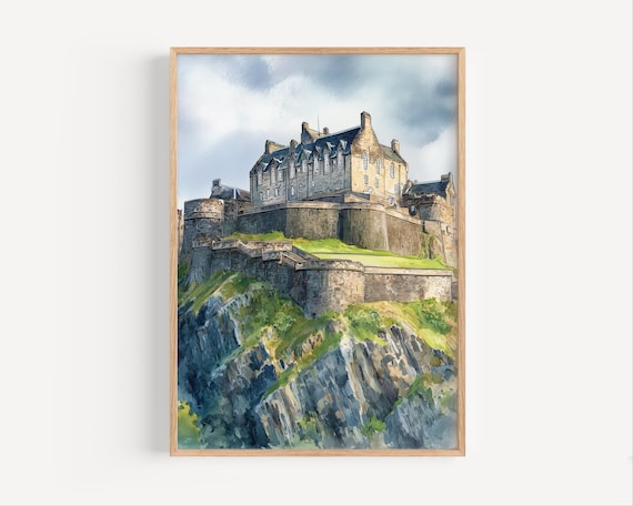Edinburgh Castle Scotland Watercolor Painting Historic Rock Fortress Poster