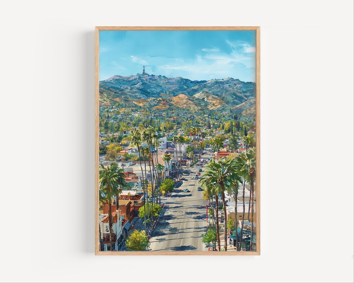 Burbank California Palm Avenue Mountain Tower Watercolor Cityscape Poster