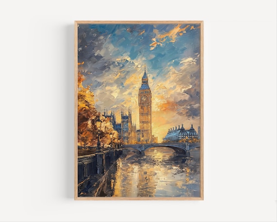Big Ben London Sunset Oil Painting Westminster Bridge Golden Sky Art Poster