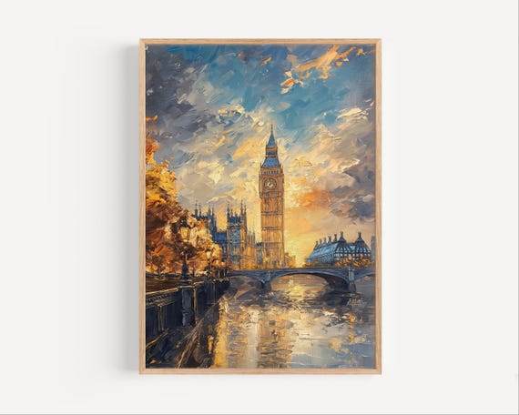 London Abstract Oil Painting Big Ben Travel Poster Or Canvas Print England Sunset Wall Art Gift United Kingdom Paint Style