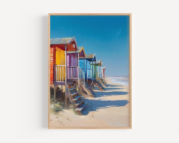 Colorful Beach Huts on Sunny Sand Bright Blue Sky Oil Painting Poster