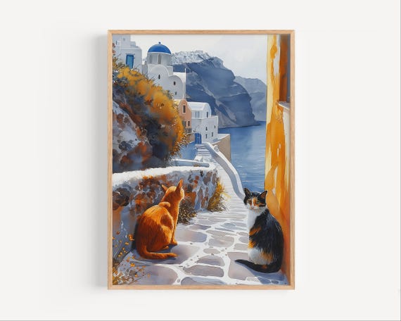 Santorini Cats Greece Blue Dome Whitewashed Island Watercolor Travel Poster