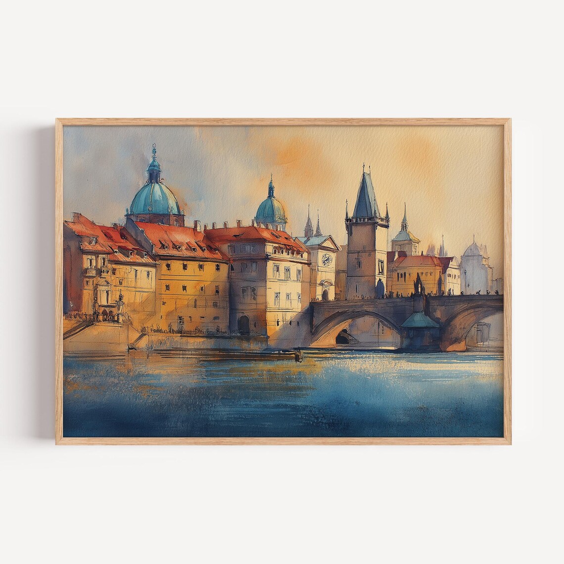 Prague Watercolor Sunset Old Town Bridge Romantic Cityscape Poster