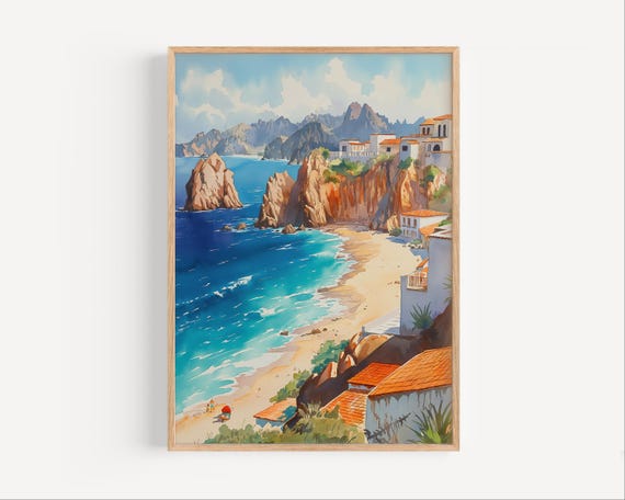 Cabo San Lucas Watercolor Painting Mexico Los Cabos Wall Art Poster Print Or Canvas Latin Seaside Town Mexican Travel Home Decor Gift Baja
